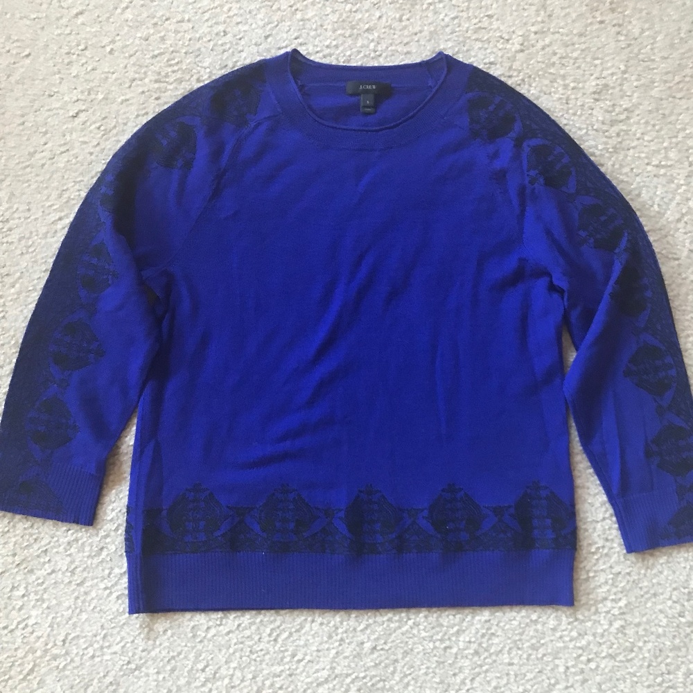 J. Crew blue merino wool embroidered lace sweater